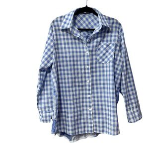 Creation Blue White Gingham Patchwork Long Sleeve Button Up Shirt Women's Size M